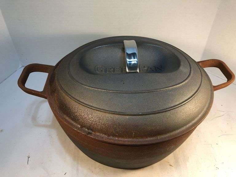 GreenPan USA 5.5qt Dutch Oven. 11”diameter. 4 1/4” D. 11 hob nail lid. Unseasoned. image