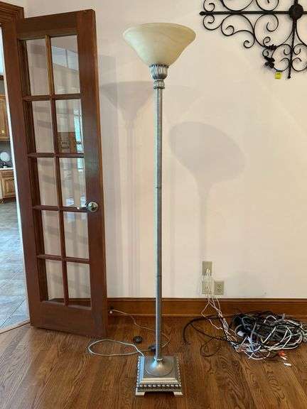 Gold tone floor lamp with glare glass shade…..70” tall