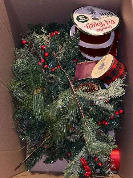 Beautiful grouping of Christmas decor…..box of greenery and ribbon, hammered metal deer, (4) great looking ceramic carolers and sleigh with artificial poinsettias