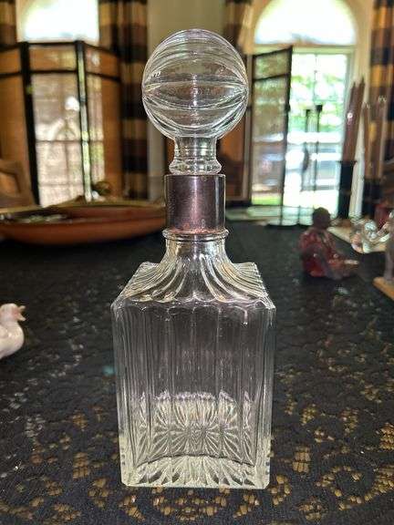 Vintage Square Fluted Glass Decanter with Silverplate Collar & Round Ribbed Stopper…..11” tall