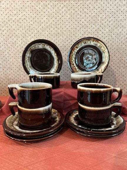 Set of (6) brown drip glaze mugs and saucers……some unmarked and some marked Pfaltzgraff image