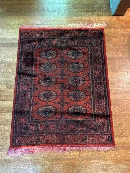 37 x 49 very soft pile area rug…..fringe on both ends has been trimmed in spots…..there is shadowing but rug is in overall good condition image