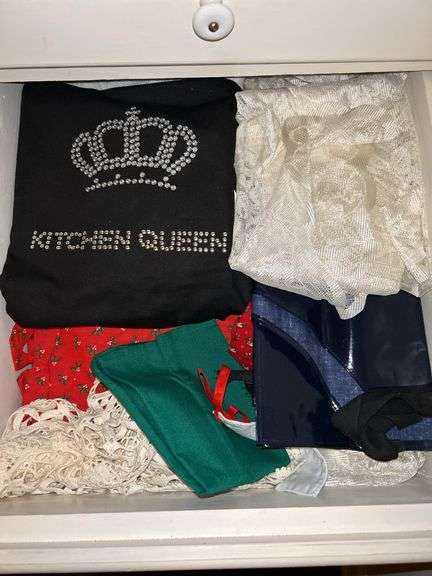 Drawer full of nice table linens, aprons, new valances and more (see all pics) image