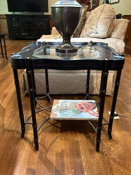 Black Wood Side Table with Glass Insert and bamboo-style legs…..CONTENTS NOT INCLUDED…..26” square x 25-1/2” tall image