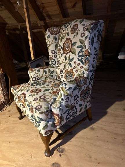 Custom upholstered Queen Anne style wing back chair…..29-1/2 x 21 x 20 tall to seat (43-1/2 tall overall)…..shows slight wear from normal use but overall in really good condition