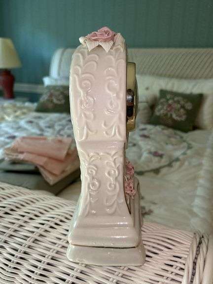 Vintage Porcelain Mantle Quartz Clock with Rose Flower Detail……10” tall (needs battery)