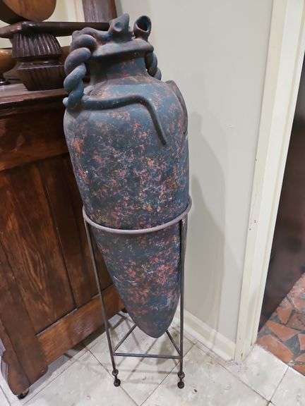 Very large unique 43" tall pottery vase in wrought iron stand... image