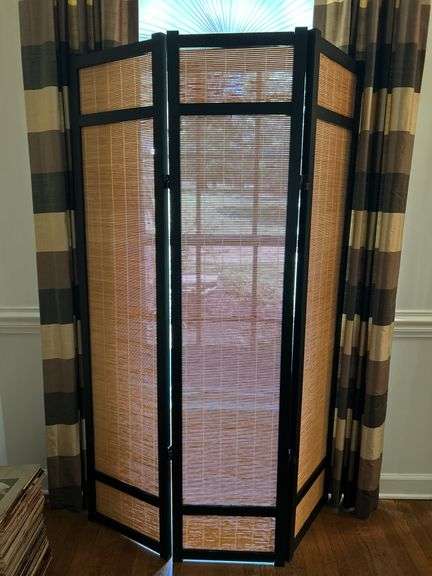 Wooden tri-fold screen with faux bamboo fillers on each panel……each panel measures 16” and is 71” tall image