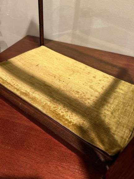 Vintage glass display case with single glass shelf and velvet lined bottom…..16-3/4 x 10-1/2 x 15-1/2 tall