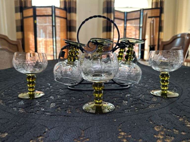 Set of (9) Vintage Green Bubble Stem Crystal Wine Glasses Etched Grapevine Pattern…..also comes with wrought iron holder for 6…..4-1/4” tall image