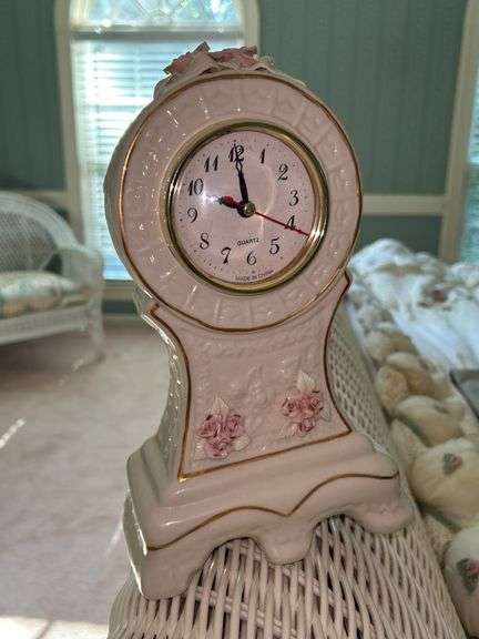 Vintage Porcelain Mantle Quartz Clock with Rose Flower Detail……10” tall (needs battery) image