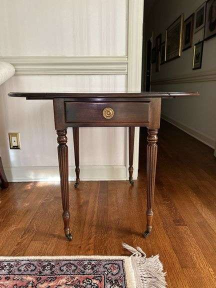 Statton TruType Americana single drawer drop leaf side table with brass casters…..does have spotting on top…..sides down 19 x 27-1/2 x 26-1/2 tall….side up 35-3/4w image