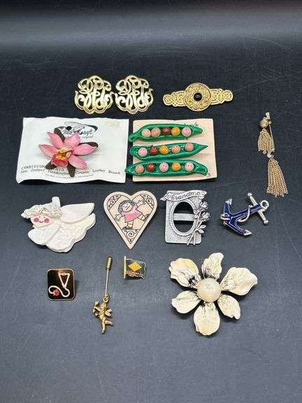 Nice collection of brooches and pair of monogram post-back earrings image
