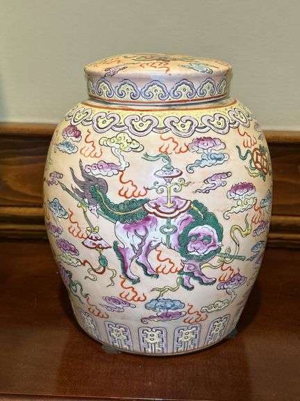 Asian-influenced ceramic lidded jar…..10” tall image