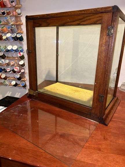 Vintage glass display case with single glass shelf and velvet lined bottom…..16-3/4 x 10-1/2 x 15-1/2 tall
