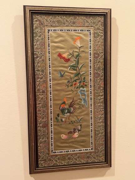 Beautifully designed and framed Chinese Embroidery on Silk….13-3/8 x 25-1/2 image