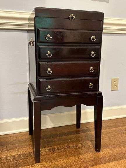 The Bombay Company Mahogany Finish Jewelry Chest on Stand…..15-3/4 x 13-1/2 x 32 tall…..one blemish image