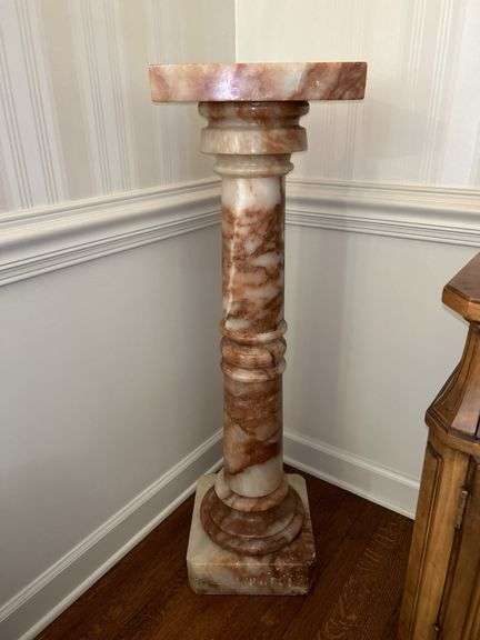 Gorgeous Brown Veined Brown Marble Pedestal…..base has minor chipping…..12”w x 42-1/2” tall…..very heavy piece image