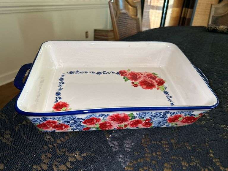 Pioneer Woman Heritage Floral ceramic casserole with plastic lid….13 x 9 x 3 image