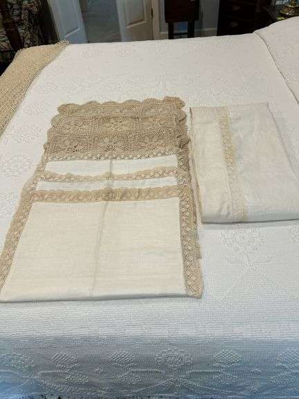 Nice selection of crocheted/linen standard size pillow shams and linen duvet (all need cleaned)…..there are 3 each matching shams image