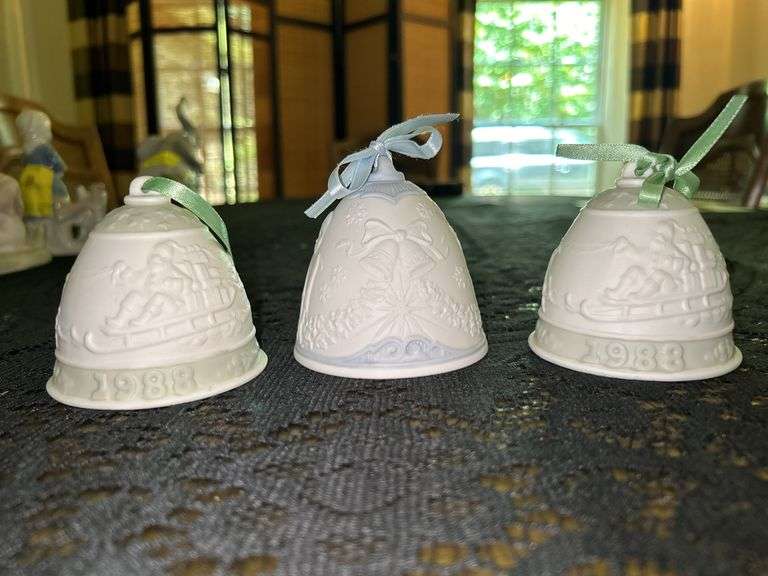 Grouping of (3) LLADRO bisque porcelain Christmas bells…..2 are the same and all 3 have clappers image