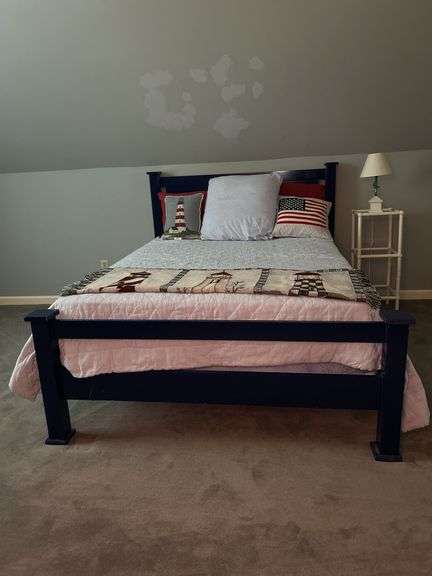Wooden full size bed with cut out stars headboard, Hilfiger reversible quilt (has American flag on reverse) and Sealy mattress set image