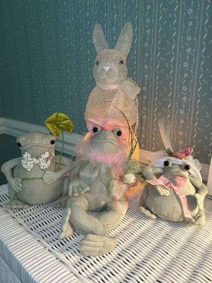 Fun set of 3 cloth frogs and a 16” tall acrylic rabbit lamp image