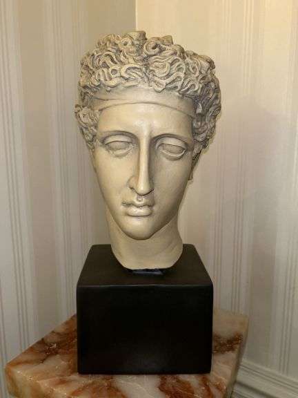 Greek God Apollo Resin Bust on wood base…..7-1/4”w x 18-1/2” tall….©️1988 Hgc Pt Inc image
