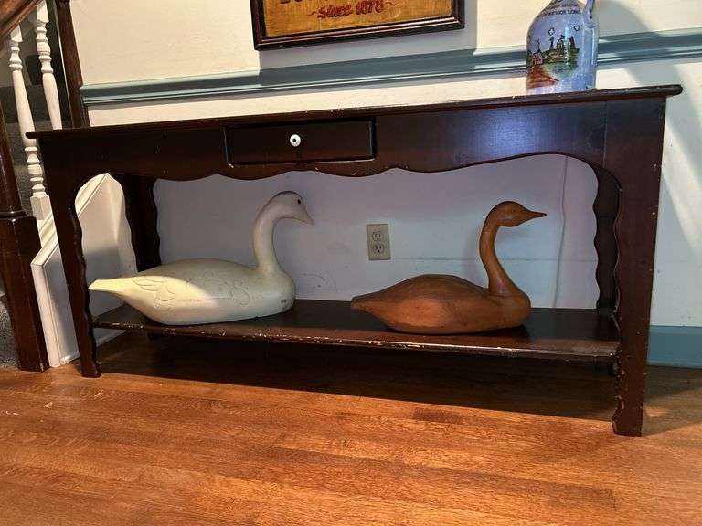 Vintage single drawer table…..60 x 15-1/2 x 28-1/2 tall…..OTHER CONTENTS NOT INCLUDED…..does have blemishes from age and normal use image