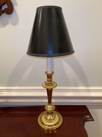 Brass candlestick lamp with black shade image