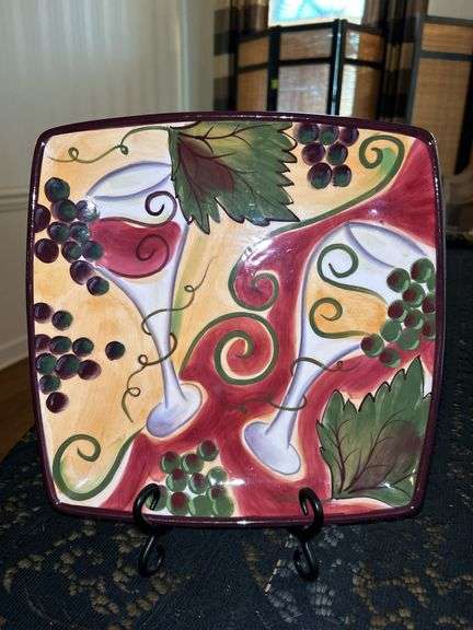 Clay Art “Wine Garden” hand painted square platter…..11” square…..no chipping image