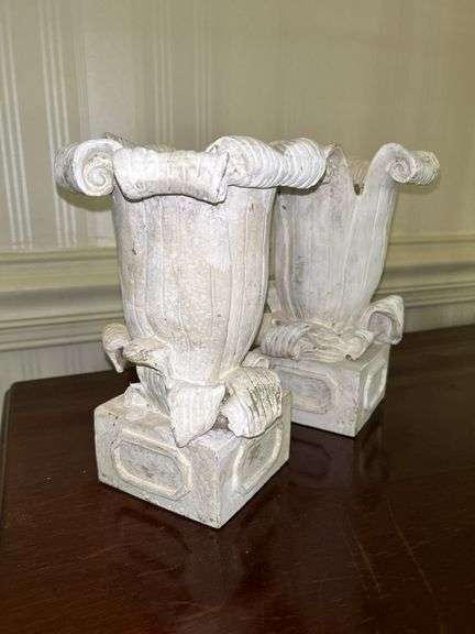 Pair of white washed resin candle holders/planters…..9-1/2” tall
