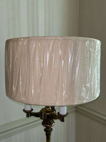 Solid brass base 3-arm candelabra-style floor lamp with neutral color shade…..59-1/2” tall