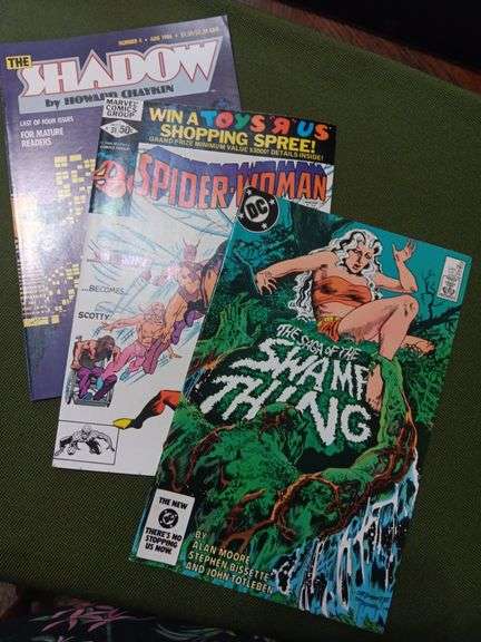 Set up 3 comic books.Great condition have been stored in sleeves. The Shadow number 4,  Spider-Man number 31 and The Saga of the Swamp Thing number twenty five image