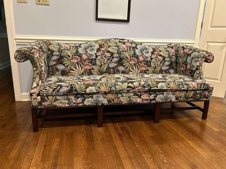 Vintage mahogany camel back sofa with wildflower upholstery……84 x 22 x 19 tall to seat (34 tall overall) image