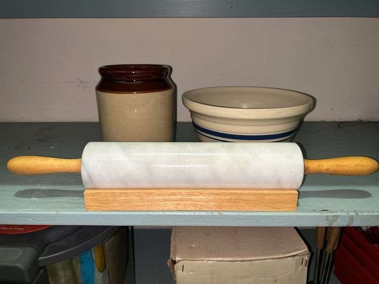 Marble rolling pin and stand, 6” tall crack and navy stripe mixing bowl (has chip) image