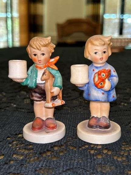 Set of (2) vintage Goebel Porcelain figurines…..left is Boy with Horse (3-1/2” tall) and right is Girl with Flowers (3-1/2” tall) image