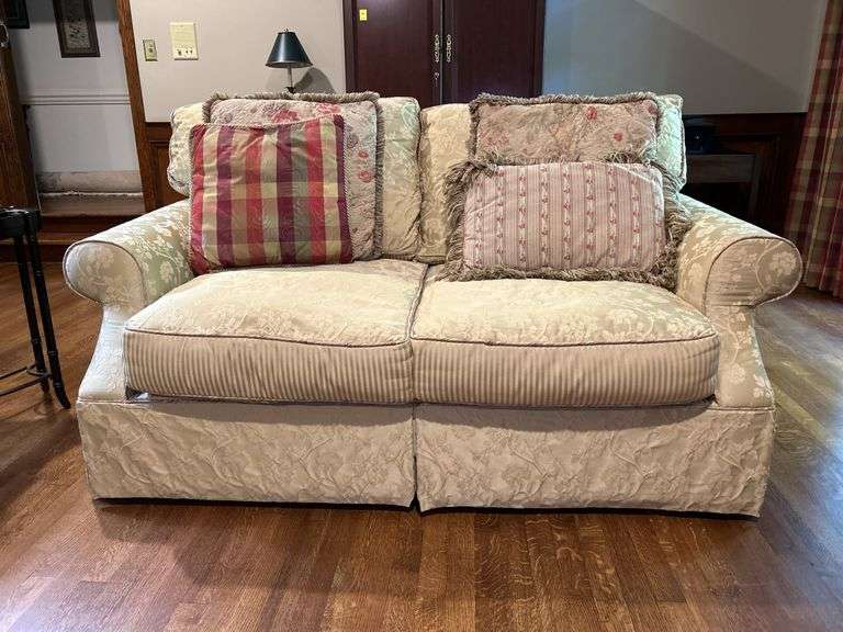 Haverty’s plush scroll arm loveseat with pillows…..68 x 27 x 19 tall to seat (33 tall overall)…..cushions are reversible….ink pen stain on one arm (see pics) image