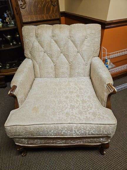 Vintage MCM upholstered armchair in good structural condition w/staining on upholstery & wear on the wood... image