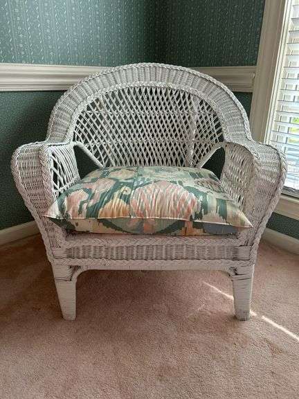 White wicker chair with cushion…..31-3/4 x 23 x 18 to top of cushion (32 tall overall) image