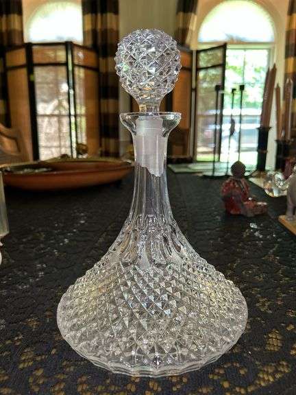Gorgeous Crystal Faceted Diamond Pattern Ships Decanter with Faceted Stopper…..11” tall image