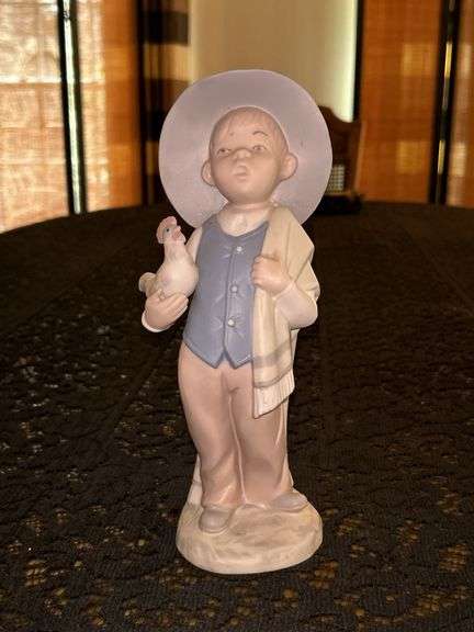 REX Valencia HUMMELWERK Boy w/ Chicken Bisque Porcelain Figurine…..10” tall…..does have repair on back of hat image