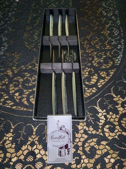 Set of 6 vintage Carvel Hall stainless steel steak knives with pebbled texture handles in original box image