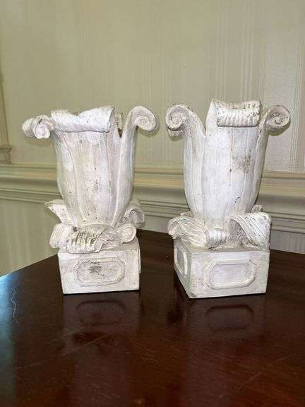 Pair of white washed resin candle holders/planters…..9-1/2” tall image