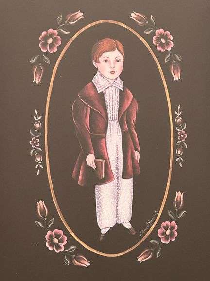 Vintage Primitive Print of Victorian Boy signed by Arlene B. Kaminsky…..15-1/2 x 17-1/2
