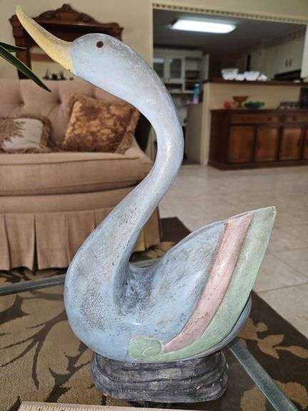 Very Unique Vintage Hand Carved Pastel Color Wooden Swan... image