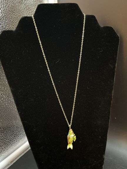 Vintage Lime Green Cloisonné Articulated Fish Pendant Necklace image