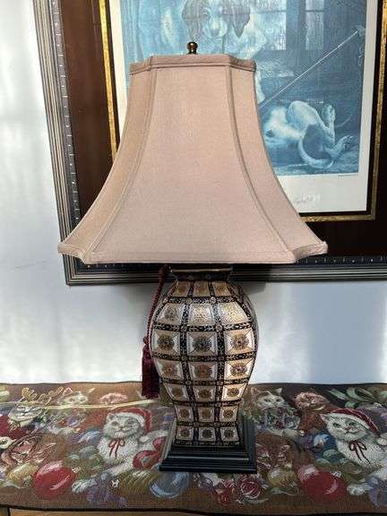 Beautiful Oriental Accent porcelain base lamp with silk-like shade……25” tall image