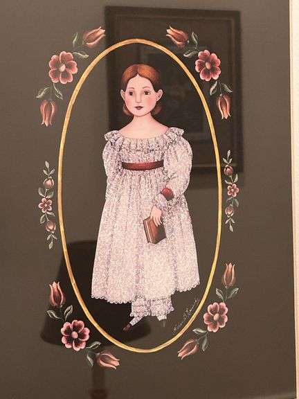 Vintage Primitive Print of Victorian Girl signed by Arlene B. Kaminsky…..15-1/2 x 17-1/2