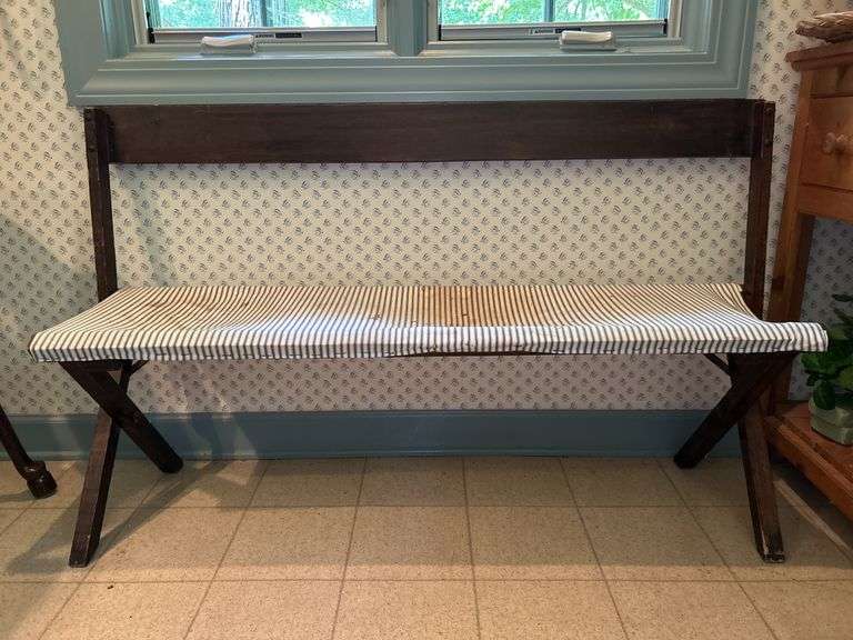 Vintage (possibly antique) foldable bench…..will need new seat covering…..54 x 15 x 32 tall overall image